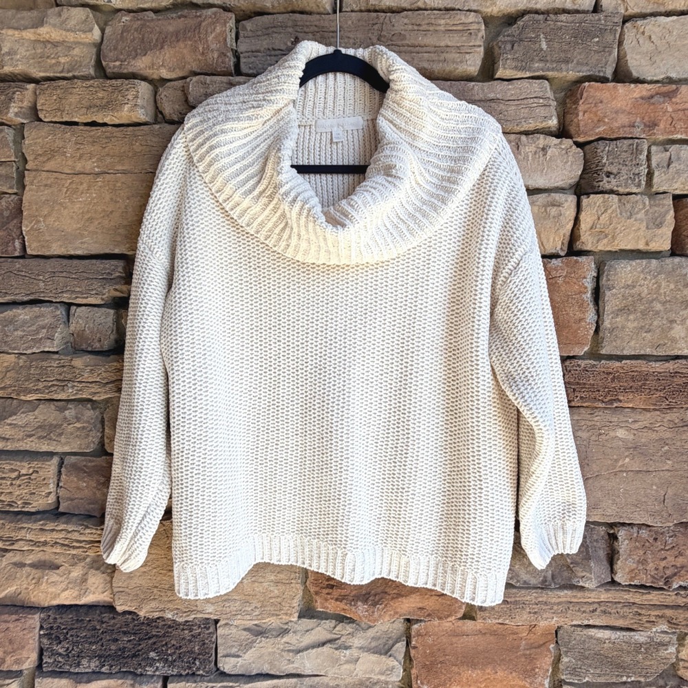 Adyson Parker Women 1X Sweater Cowl Neck Chenille Thick Knit Cream Pullover Cozy
